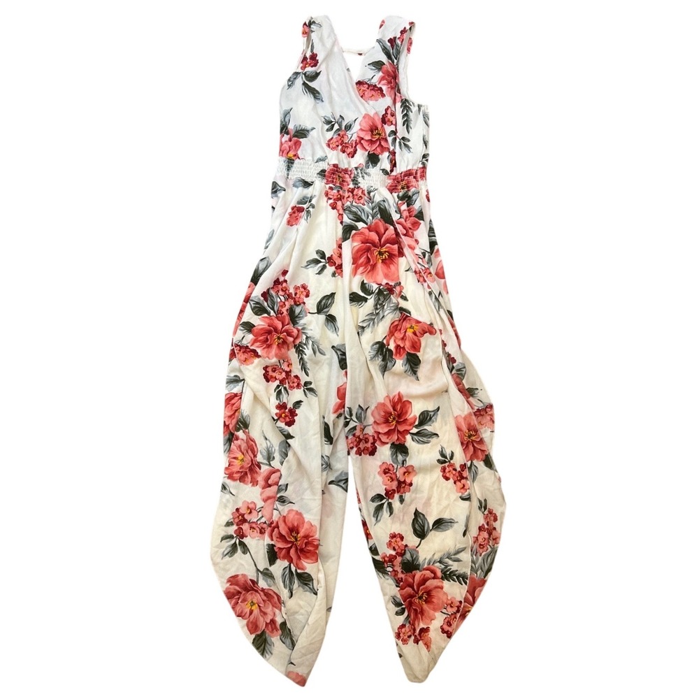 Scobe Jumpsuit White Red Floral Tulip Leg Smocked Waist Women XL